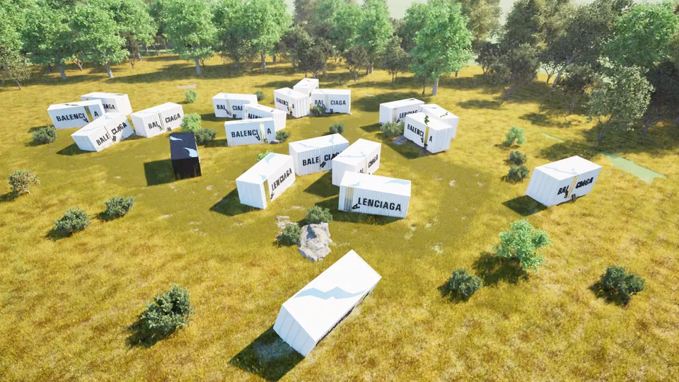 Vue aérienne des containers éparpillés dans le champ de blé