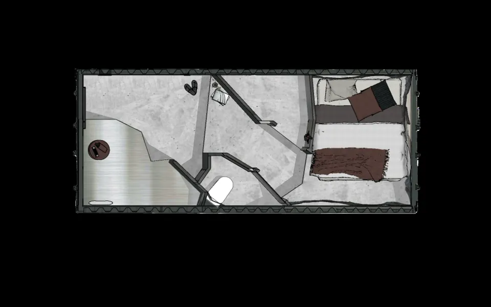 Plan d'un container aménagé, vu de dessus