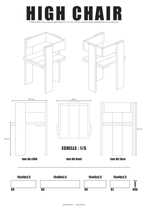 Plans de la chaise au 1/5 et liste des planches