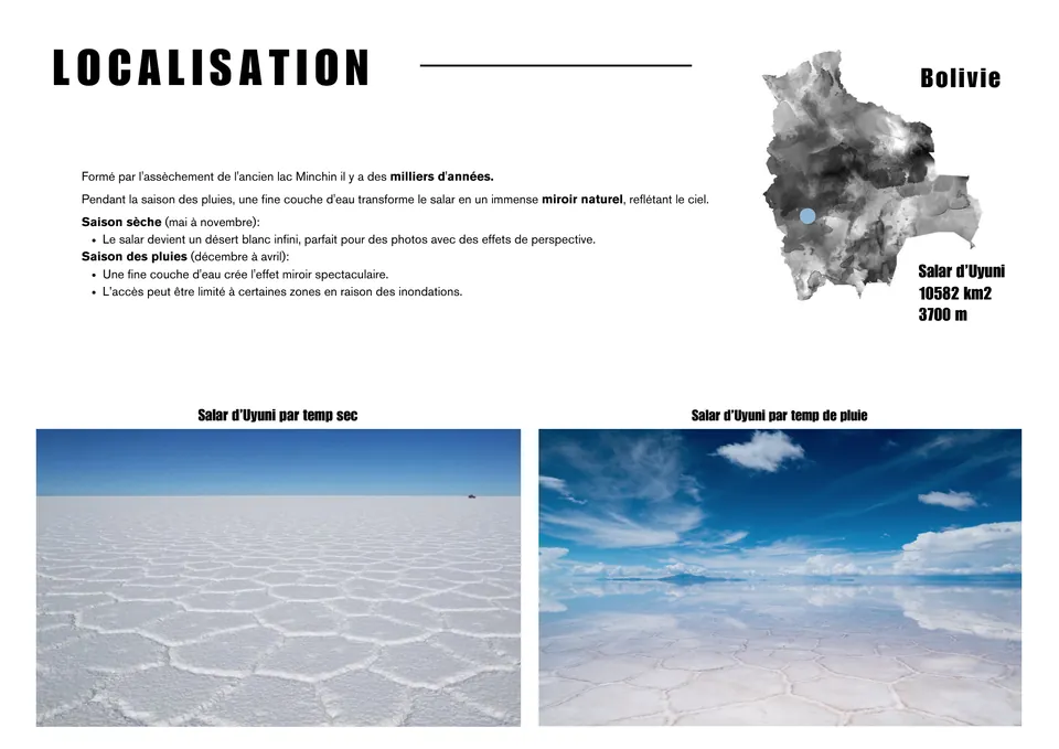 Localisation : le salar d'Uyuni, en Bolivie, par temps sec et par temps de pluie