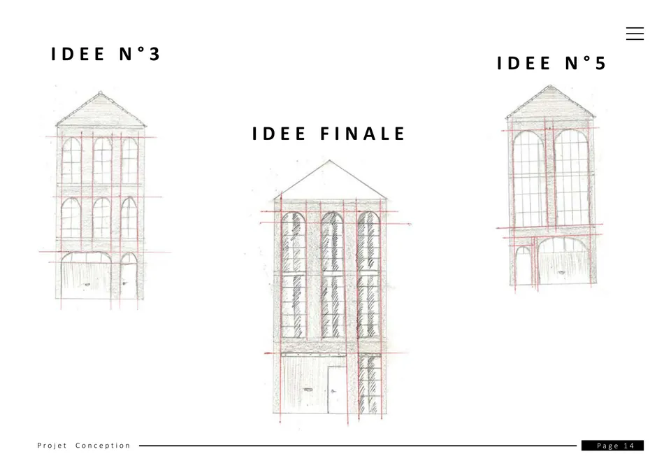 Esquisses de façade, idées n° 3 et 5 et idée finale