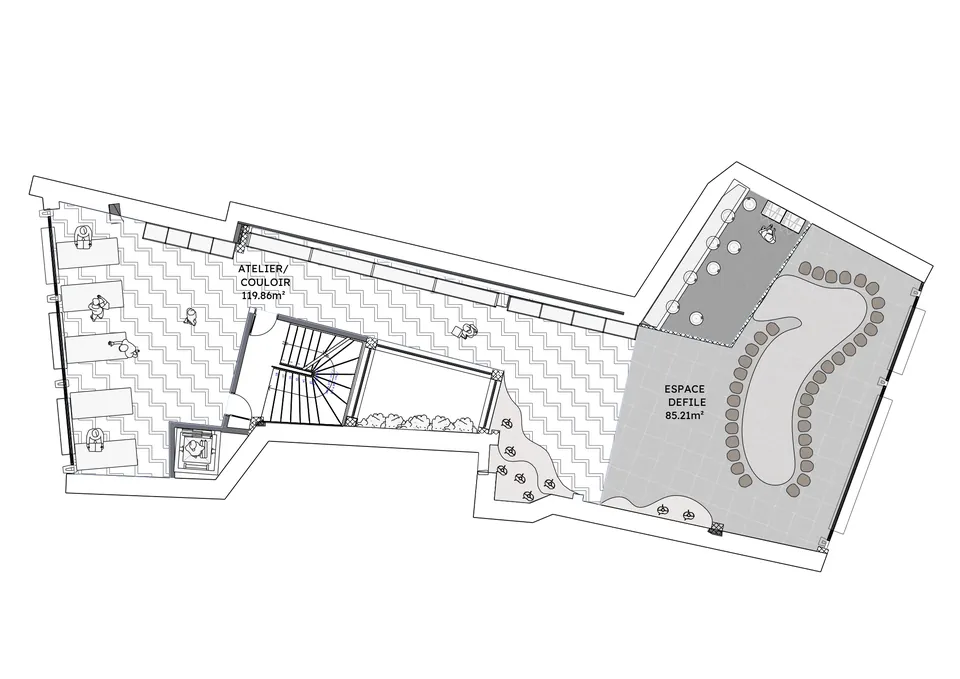 Plan détaillé du deuxième étage, atelier et espace de défilé