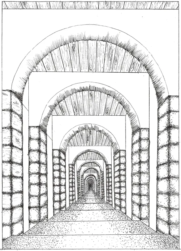 Galerie d'arcades, perspective centrale à l'encre