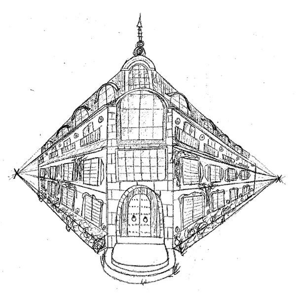 Immeuble d'angle, perspective à deux points de fuite