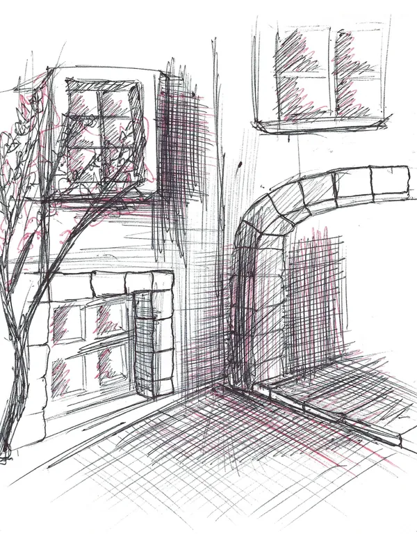Ruelle, hachures noires et rouges