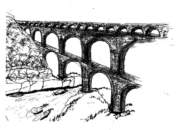 Aqueduc en arches, à l'encre