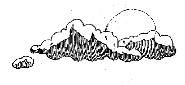 Nuages et soleil, hachures à l'encre