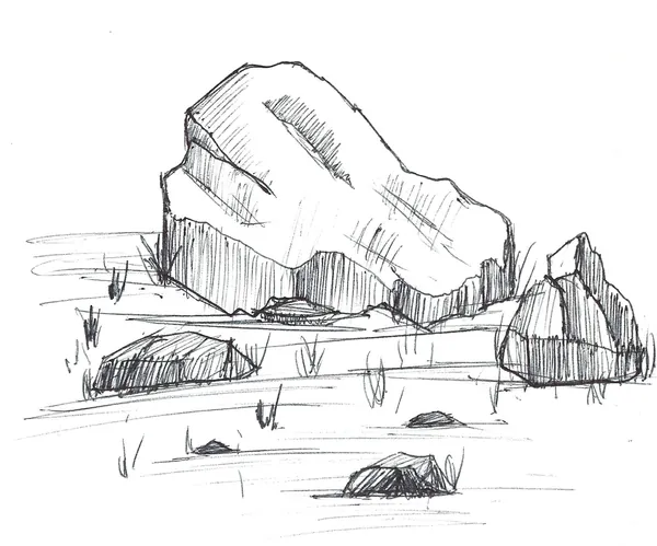 Rochers, hachures au feutre