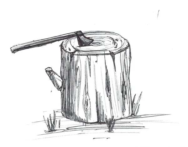 Hache et billot, au feutre