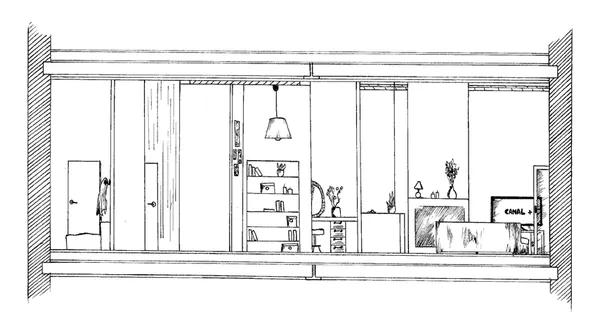 Appartement haussmannien, coupe AA au 1/50, au stylo Micron