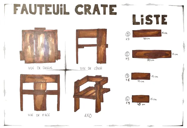 High chair, vues et liste d'assemblage des planches